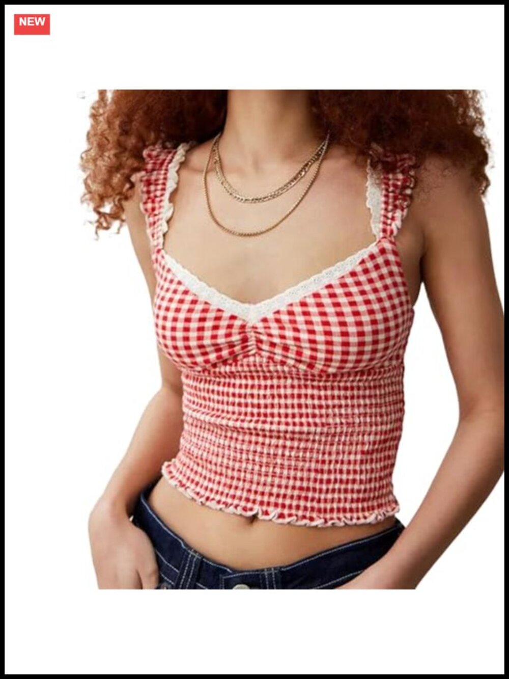 Women's Gingham Lace Trim Square Neck Crop Tank Top Sleeveless Casual Y2K Top